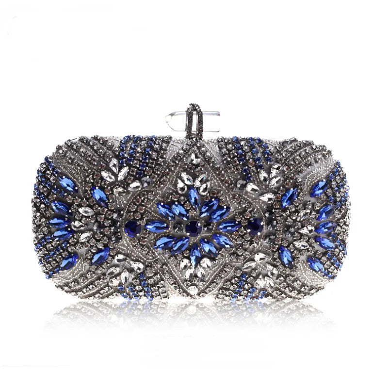 Blue Crystal Evening Clutch - Women's Chain Wedding Party Purse Handbags The