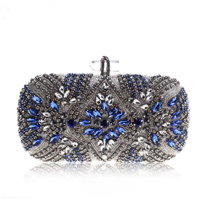Blue Crystal Evening Clutch - Women's Chain Wedding Party Purse Handbags The