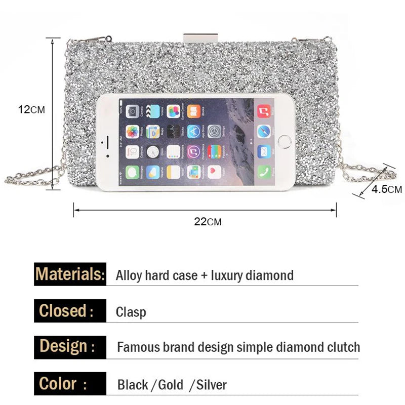Diamond Sequin Evening Clutch - Women's Two-Chain Wedding Purse Handbags The