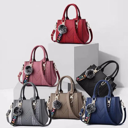 Embroidered Satchel Handbag - Women's PU Leather Messenger Bag with Pom Charm Handbags The