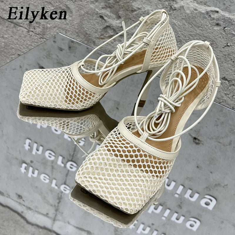 Mesh Lace-Up Square-Toe Heels - Women's Party Sandals in vibrant green color with lace-up design.