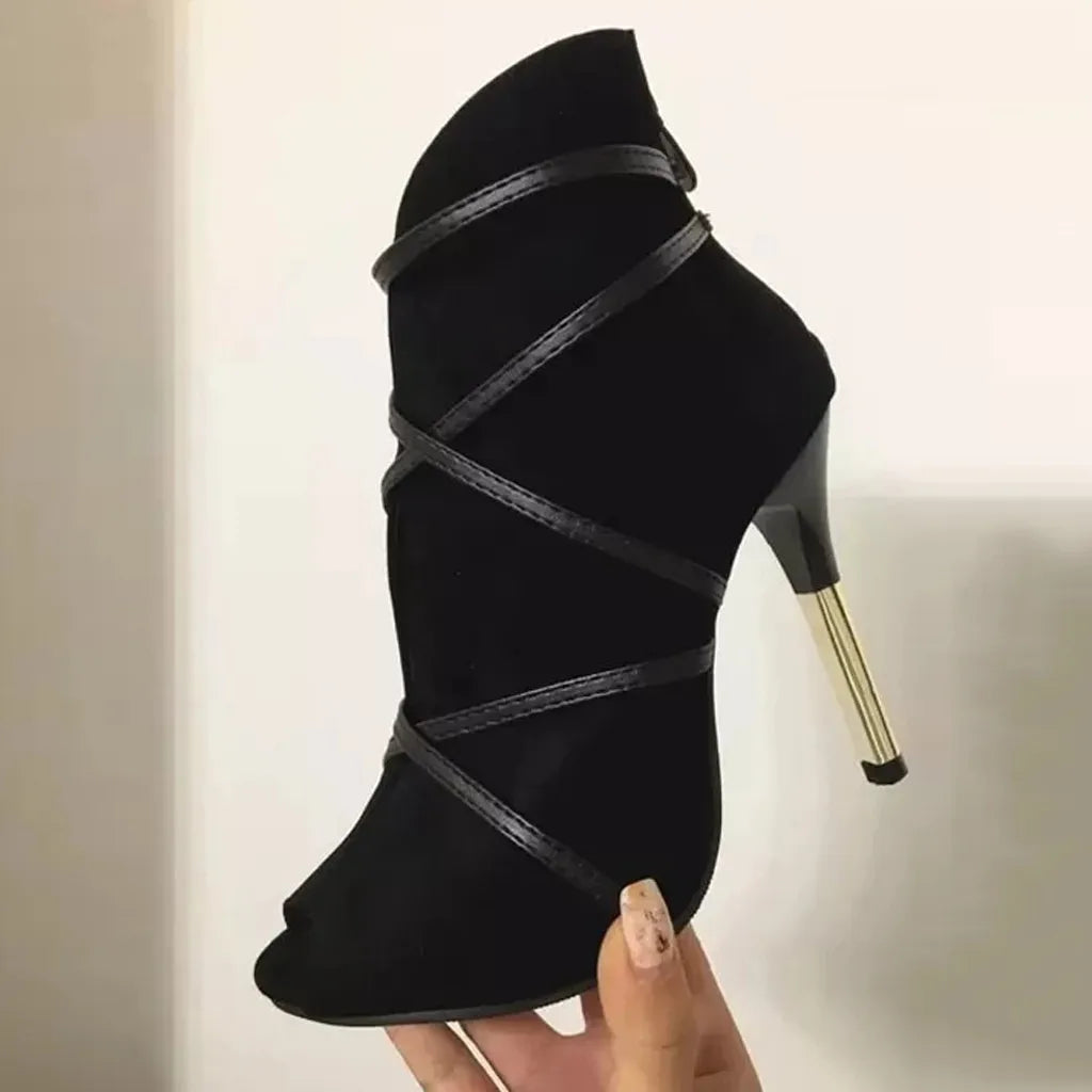 Open-Toe Lace-Up Ankle Heel Boots - Women's Dress Shoes for Weddings in navy faux suede with high heel design.