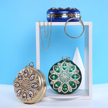 Crystal Round Clutch Bag - Women's Chain Wedding Evening Purse Handbags The