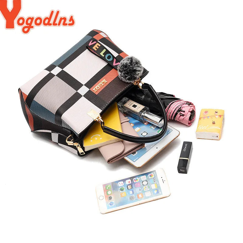 Plaid Patchwork Satchel Bag - Women's Luxury PU Leather Shoulder & Messenger Tote Handbags The