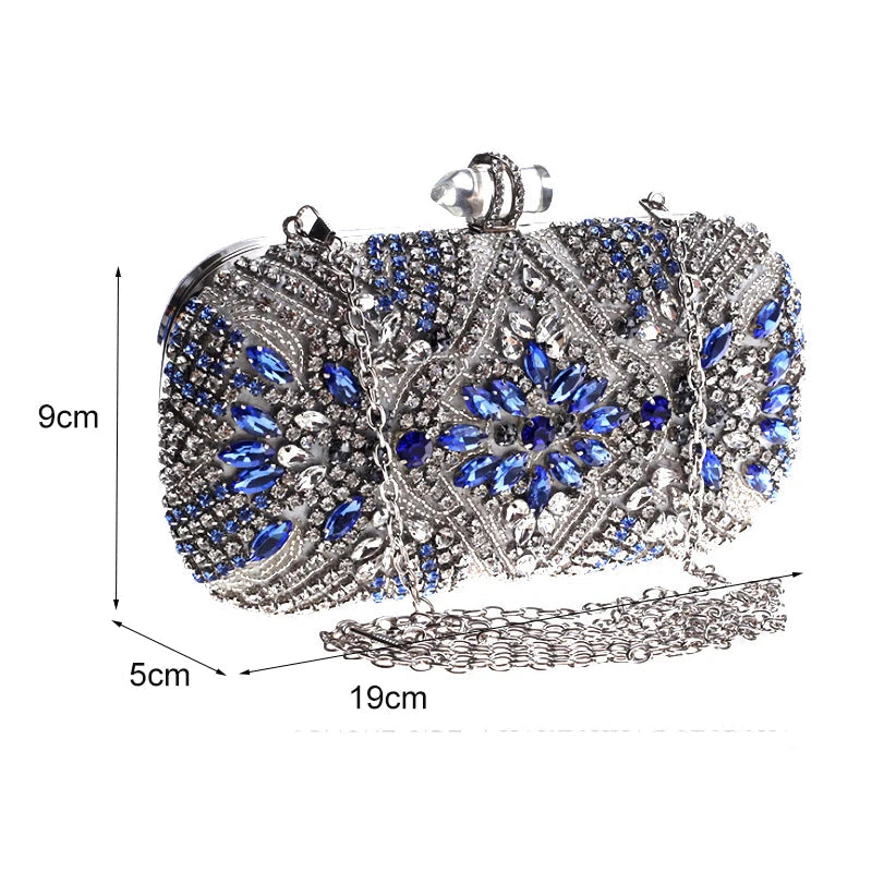 Blue Crystal Evening Clutch - Women's Chain Wedding Party Purse Handbags The