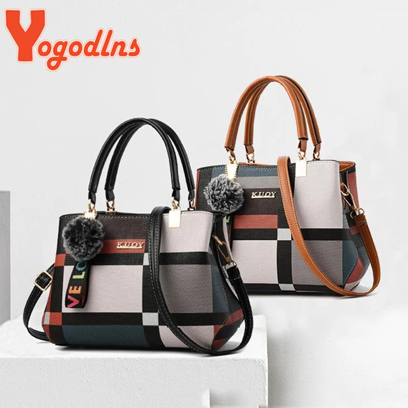 Plaid Patchwork Satchel Bag - Women's Luxury PU Leather Shoulder & Messenger Tote Handbags The