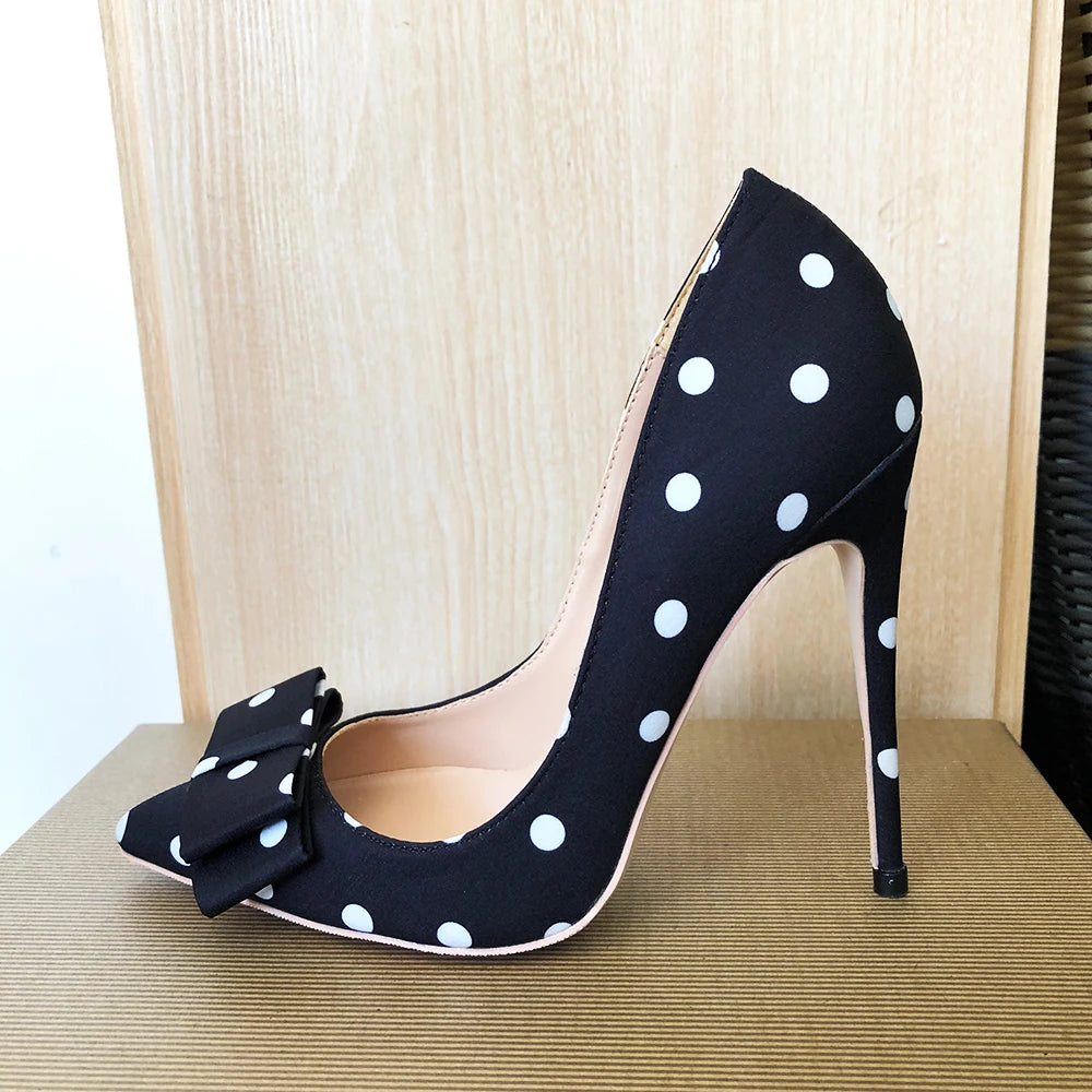 Polka Dot Satin Bow Pumps - Women's Pointed-Toe Designer Heels Handbags The