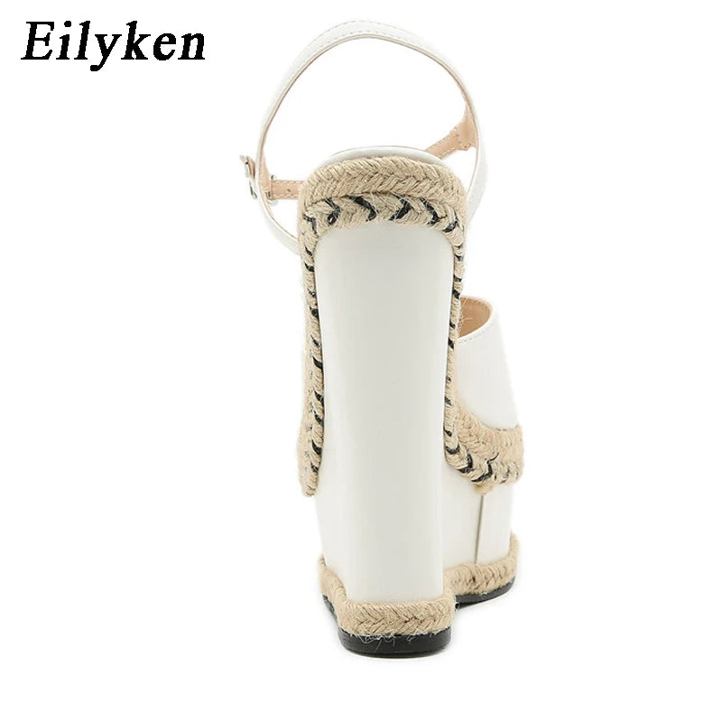 White Platform Wedge Sandals - Women's Open-Toe Dress Shoes, stylish white sandals with braided details and high platform.