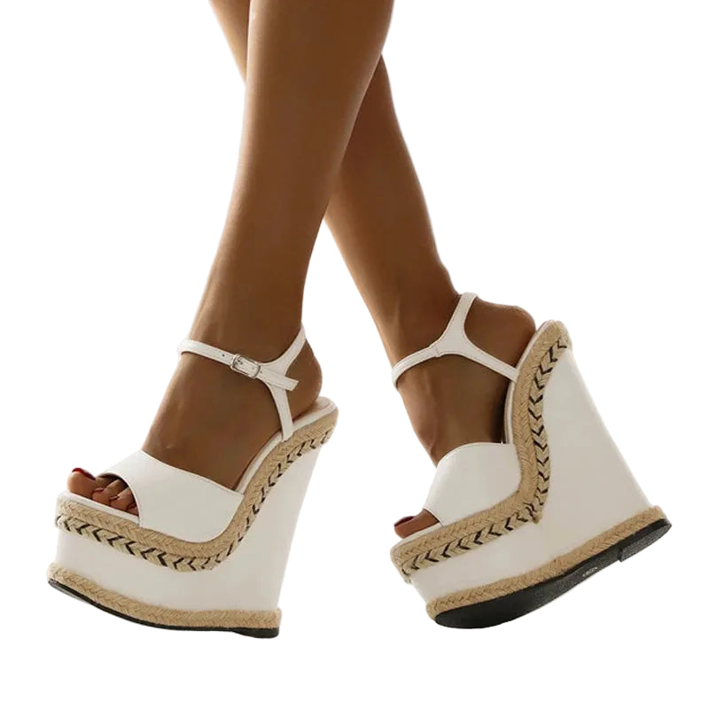 White Platform Wedge Sandals - Women's Open-Toe Dress Shoes, stylish white sandals with braided details and high platform.
