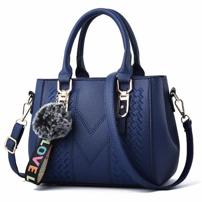 Embroidered Satchel Handbag - Women's PU Leather Messenger Bag with Pom Charm Handbags The
