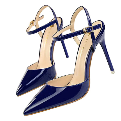 Patent Leather Stiletto Pumps - Women's Pointed Party Heels on display with a shiny black finish and elegant buckle strap.