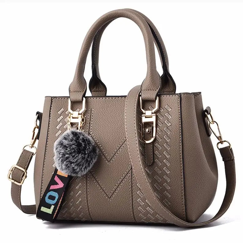 Embroidered Satchel Handbag - Women's PU Leather Messenger Bag with Pom Charm Handbags The