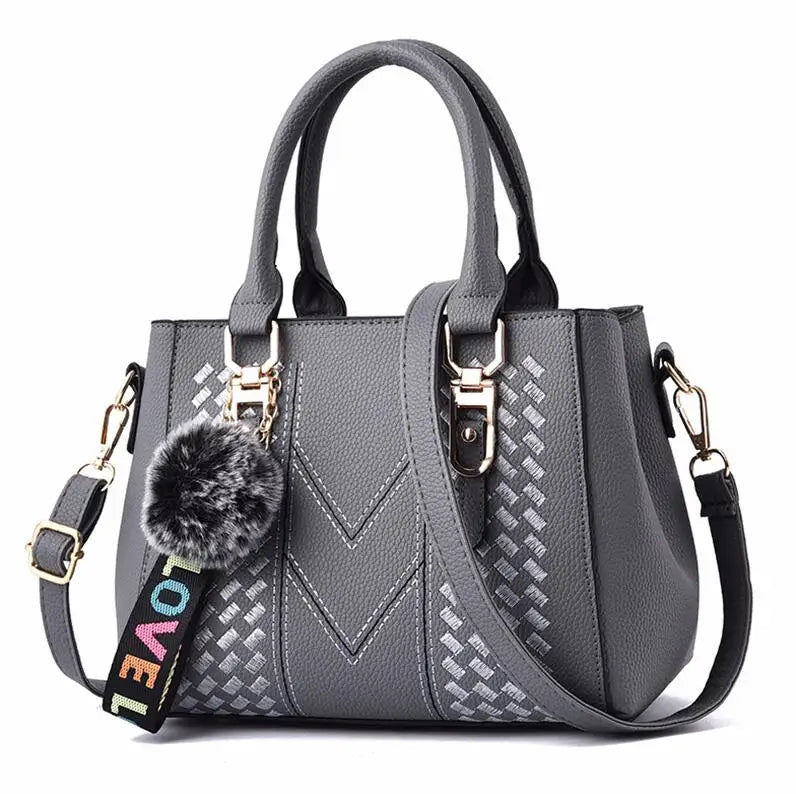 Embroidered Satchel Handbag - Women's PU Leather Messenger Bag with Pom Charm Handbags The