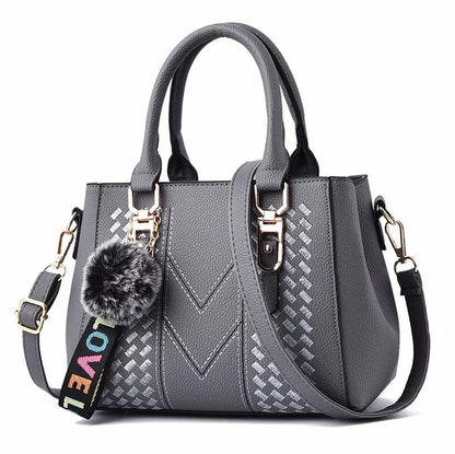 Embroidered Satchel Handbag - Women's PU Leather Messenger Bag with Pom Charm Handbags The