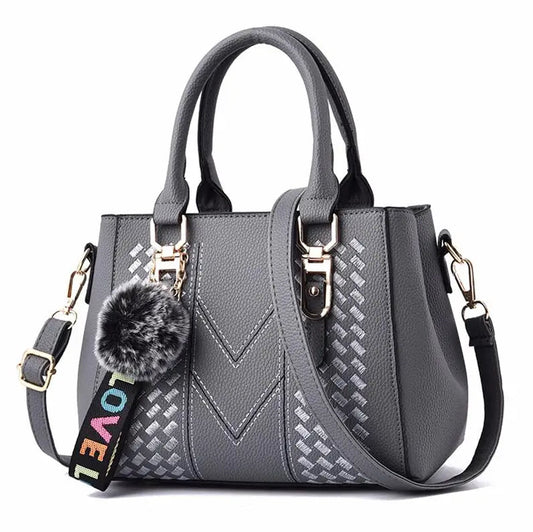 Embroidered Satchel Handbag - Women's PU Leather Messenger Bag with Pom Charm Handbags The