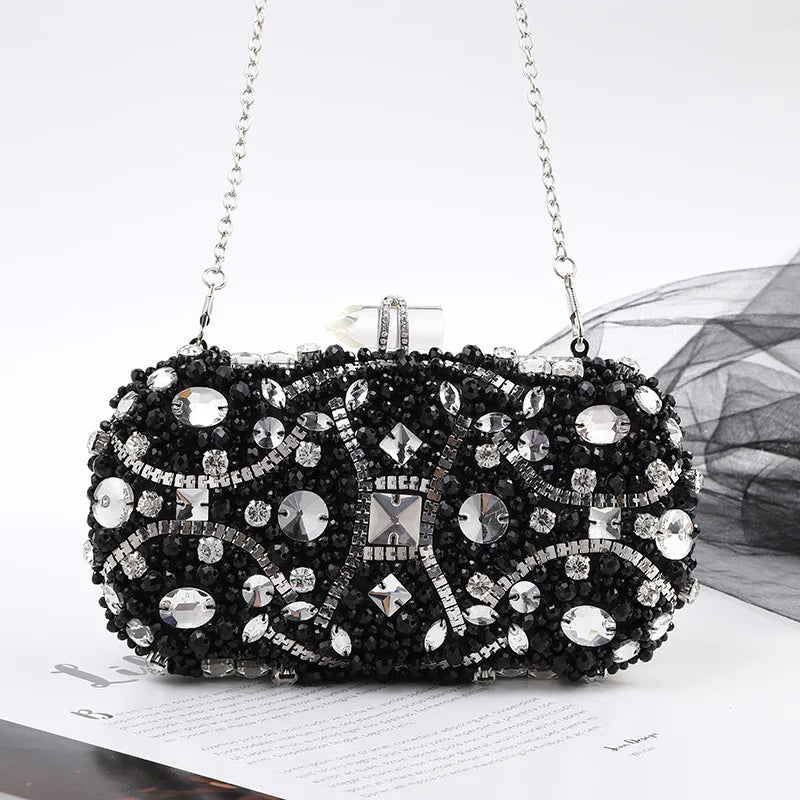 Blue Crystal Evening Clutch - Women's Chain Wedding Party Purse Handbags The