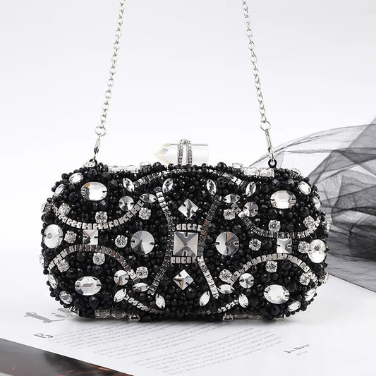 Blue Crystal Evening Clutch - Women's Chain Wedding Party Purse Handbags The