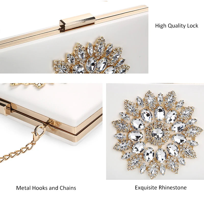 White Crystal Bridal Clutch - Women's Small Crossbody Evening Bag Handbags The