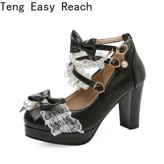 Lolita Bow Mary Jane Pump - Women's Wedding & Cosplay Heels featuring a light blue design with bows and pearls.