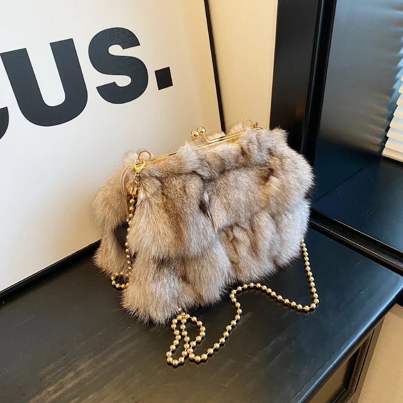Plush Faux Fur Evening Bag - Women's Chain Crossbody Dinner Clutch Handbags The