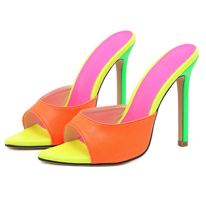 Pointed-Toe Mule Heels - Women's High Heel Party Sandals showcasing a vibrant neon design and high stiletto heel.