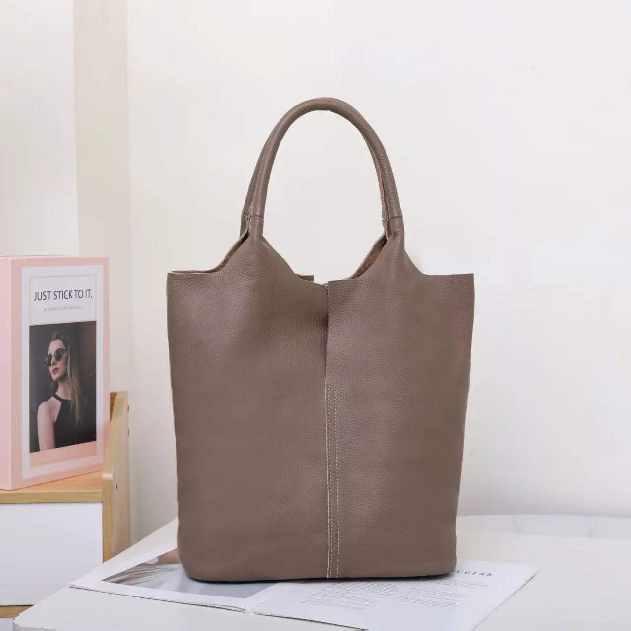 Genuine Leather Bucket Tote - Women's Commuter Shoulder Bag for Work & Weekends Handbags The