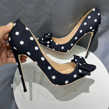 Polka Dot Satin Bow Pumps - Women's Pointed-Toe Designer Heels Handbags The
