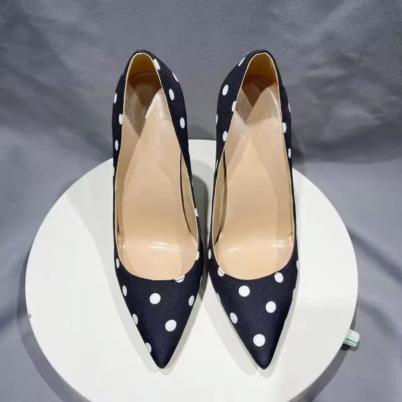 Polka Dot Satin Bow Pumps - Women's Pointed-Toe Designer Heels Handbags The