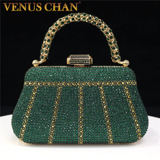 Diamond Minaudiere Clutch - Women's Rhinestone Evening Bag with Chain Strap Handbags The