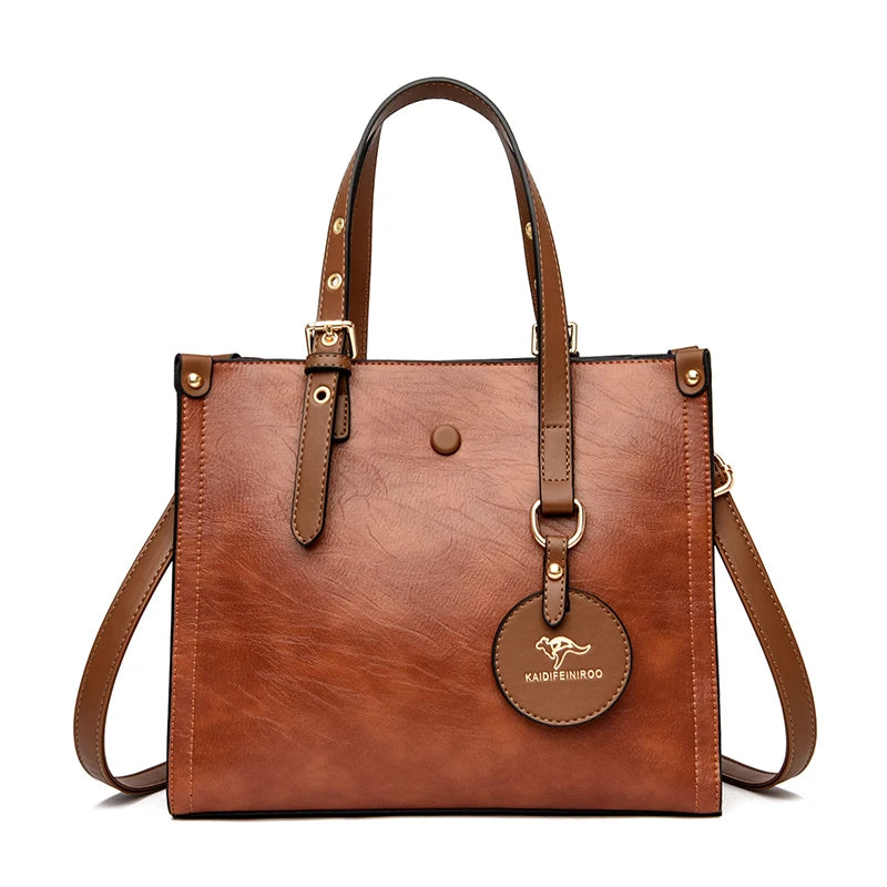 Triple-Compartment Tote Bag - Women's Vintage Leather Carryall for Daily Use Handbags The
