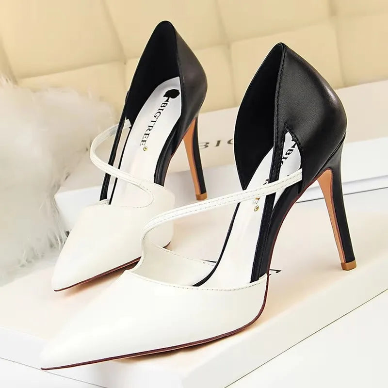 Pointed-Toe 9.5CM Stiletto Pumps - Women's Fashion Dress Heels in black and white colors.