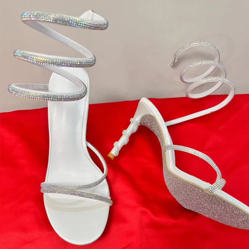 Crystal Snake Wrap Gladiator Heels - Women Party Sandals