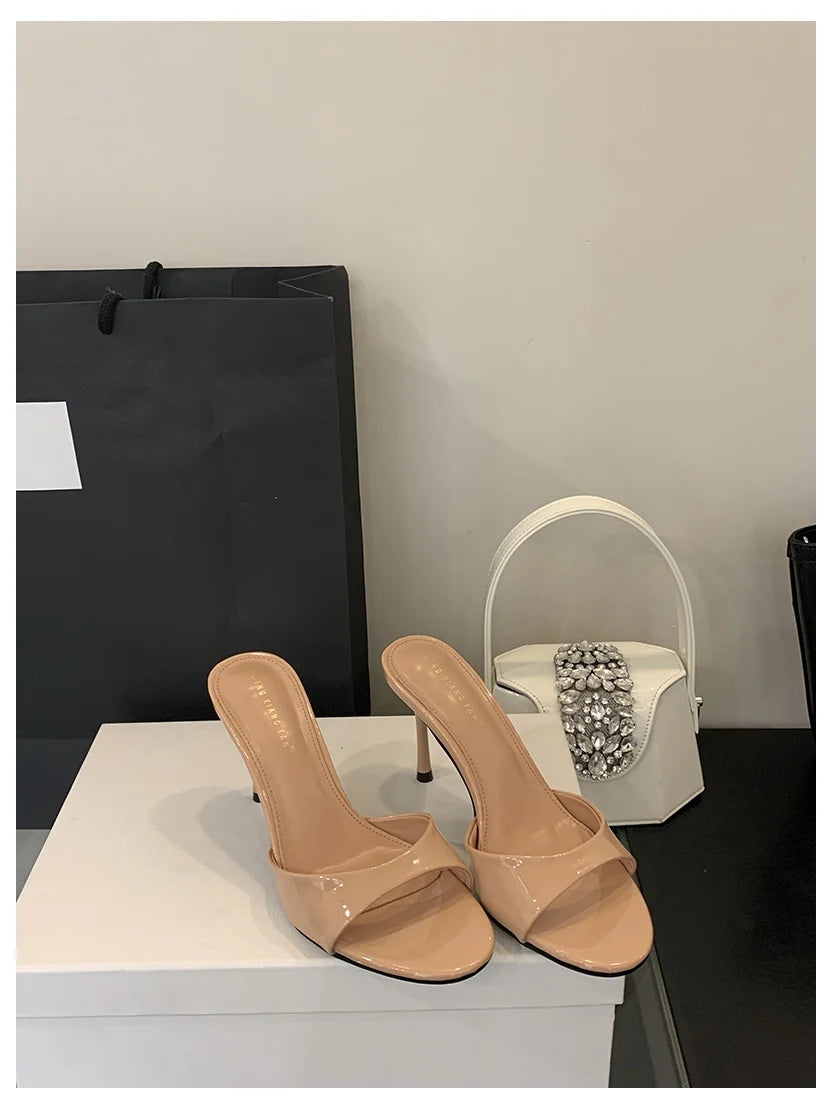 Patent Leather Open-Toe Mule Heels - Women's Slip-On Sandals for Summer Evenings Handbags The