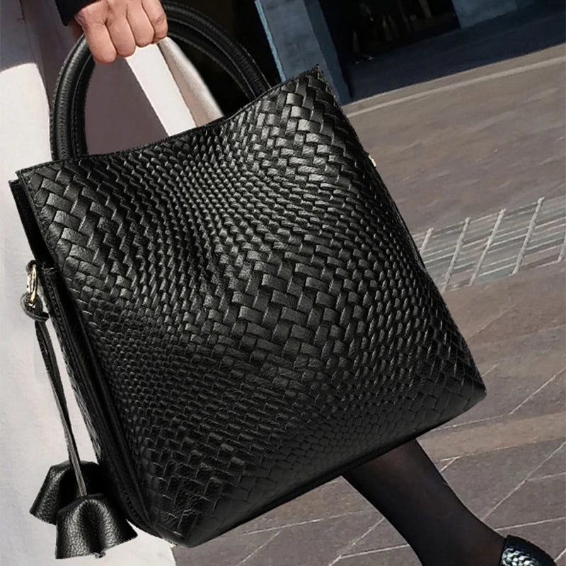 Woven Cowhide Tote Bag - Women's Luxury Commuter Shoulder Handbag Handbags The