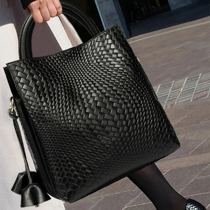 Woven Cowhide Tote Bag - Women's Luxury Commuter Shoulder Handbag Handbags The