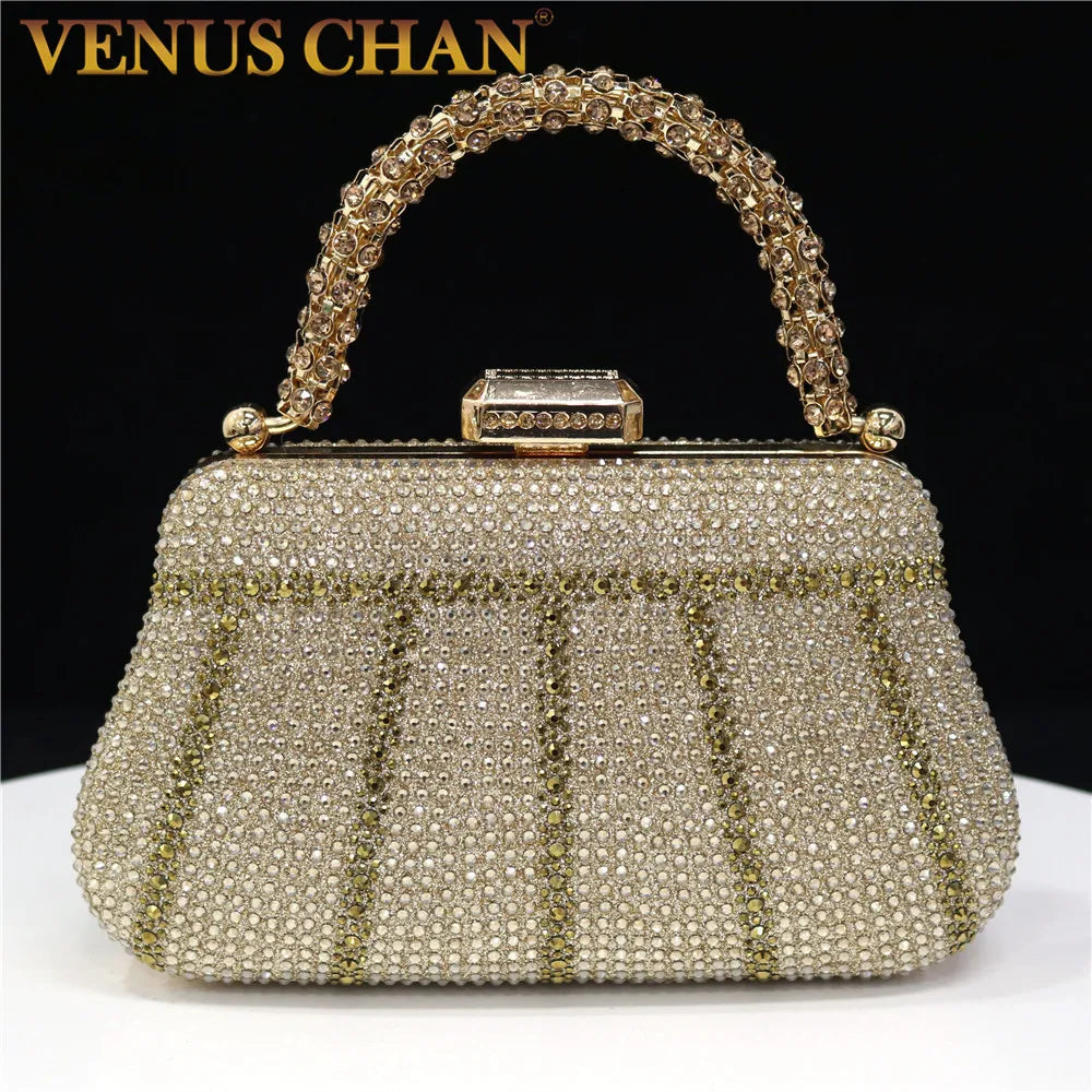 Diamond Minaudiere Clutch - Women's Rhinestone Evening Bag with Chain Strap Handbags The