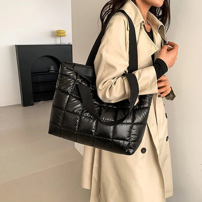 Quilted Padded Tote Bag - Women's Large-Capacity Lightweight Shoulder Shopper Handbags The