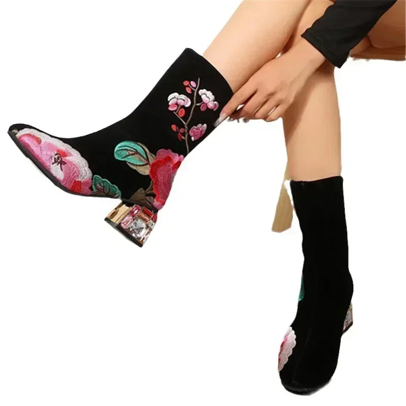 Floral Embroidered Ankle Boots - Women's Rhinestone Winter Block Heels Handbags The