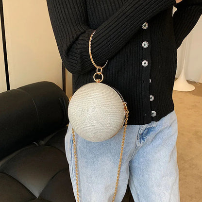 Metallic Round Evening Bag - Women's Ring Handle Wedding Clutch Handbags The