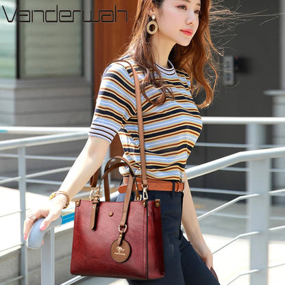 Triple-Compartment Tote Bag - Women's Vintage Leather Carryall for Daily Use Handbags The