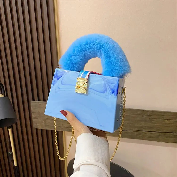 Faux Fur Box Clutch - Women's Designer Evening Bag with Chain Strap Handbags The