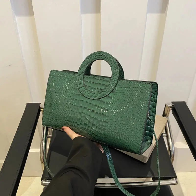 Crocodile-Pattern Square Satchel Bag - Women's PU Leather Shoulder & Messenger Handbag Handbags The