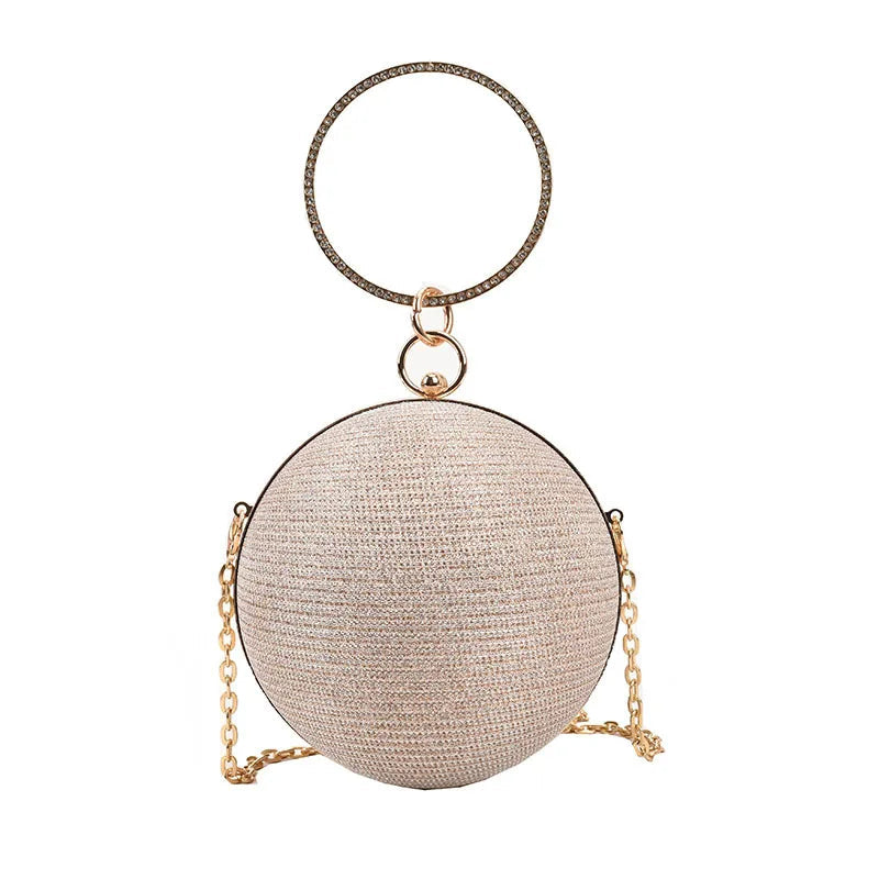 Metallic Round Evening Bag - Women's Ring Handle Wedding Clutch Handbags The