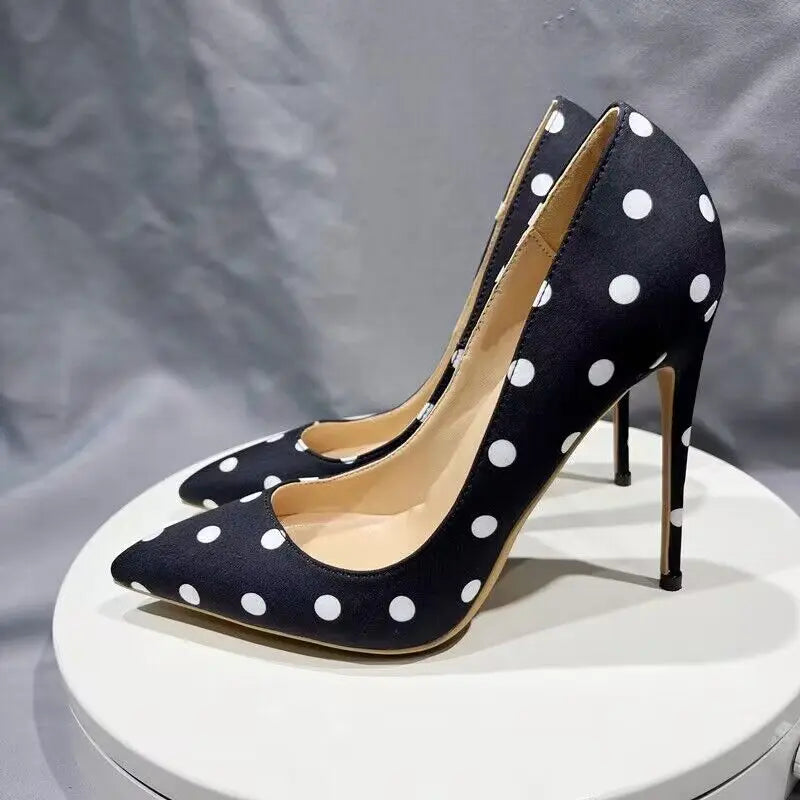 Polka Dot Satin Bow Pumps - Women's Pointed-Toe Designer Heels Handbags The