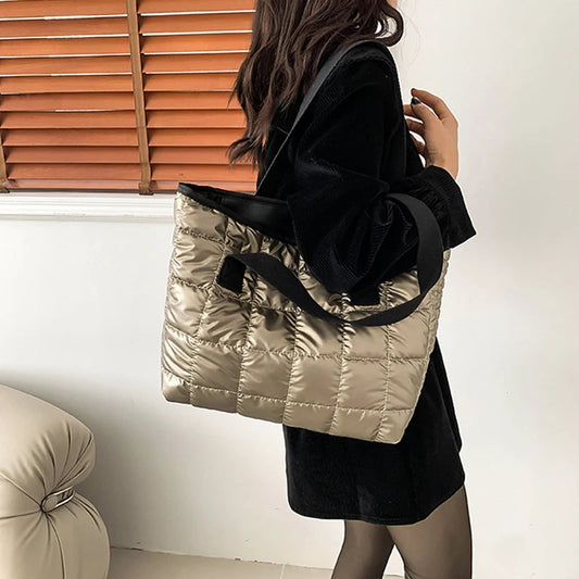 Quilted Padded Tote Bag - Women's Large-Capacity Lightweight Shoulder Shopper Handbags The
