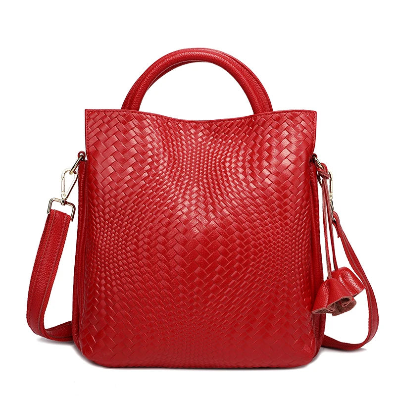Woven Cowhide Tote Bag - Women's Luxury Commuter Shoulder Handbag Handbags The