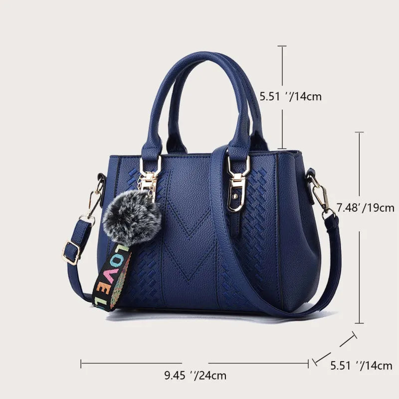 Embroidered Satchel Handbag - Women's PU Leather Messenger Bag with Pom Charm Handbags The