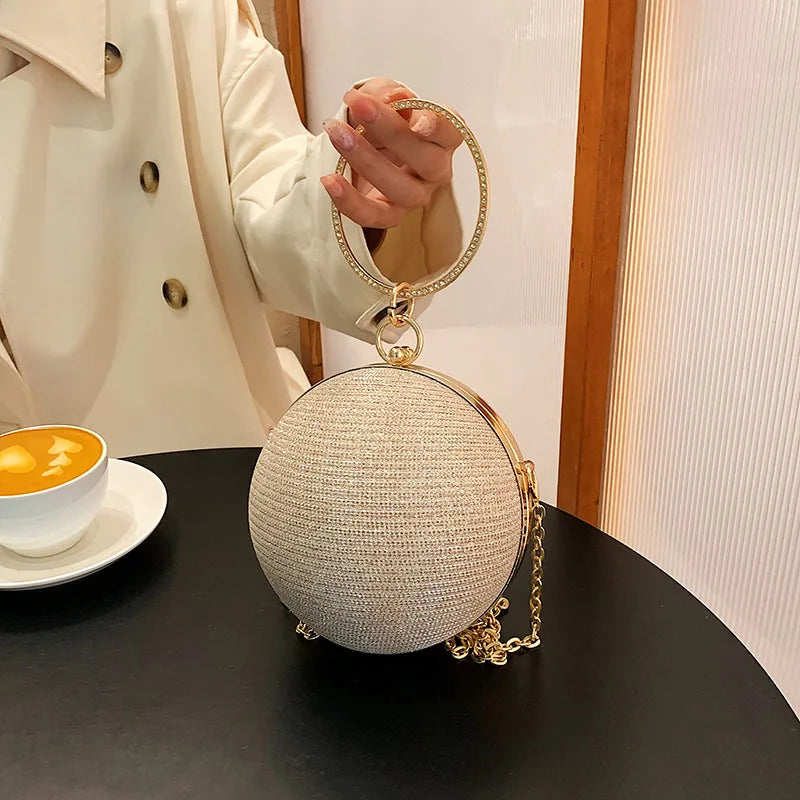 Metallic Round Evening Bag - Women's Ring Handle Wedding Clutch Handbags The