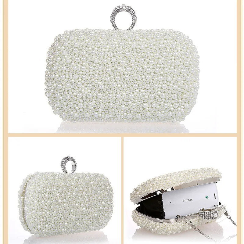 Pearl Ring Beaded Evening Bag - Women's Bridal Dinner Clutch Handbags The