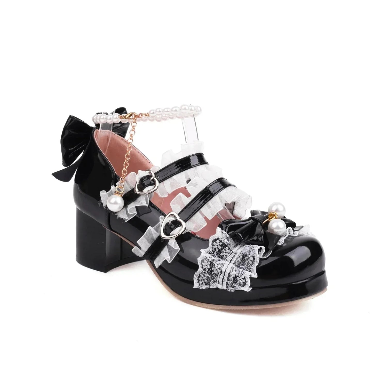 Lolita Bow Mary Jane Pump - Women's Wedding & Cosplay Heels featuring design with bows and pearls.